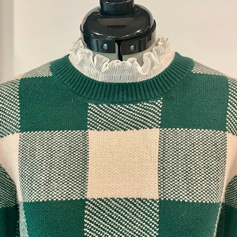 Anthropologie Buffalo Plaid Sweater, built in ruffle collar, S, like new - Picture 3 of 9